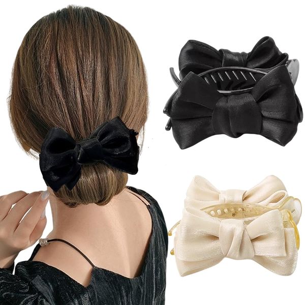 MEEKEST 2Pack Bun Claw Clips for Women Girls, Bowknot Hair Bun Maker, Lace Bow Hair Clips with Bows Ponytail Holder Nonslip Hair Accessories for Women - Black&White