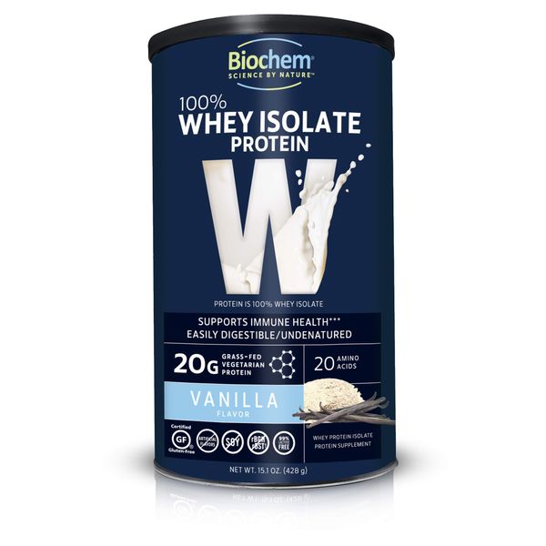 Biochem 100% Whey Isolate Protein - Vanilla - 15.1 oz - 20g of Protein - Meal Replacement -Supports Lean Muscle - Easily Digestible - Silky Smooth Taste - Amino Acids