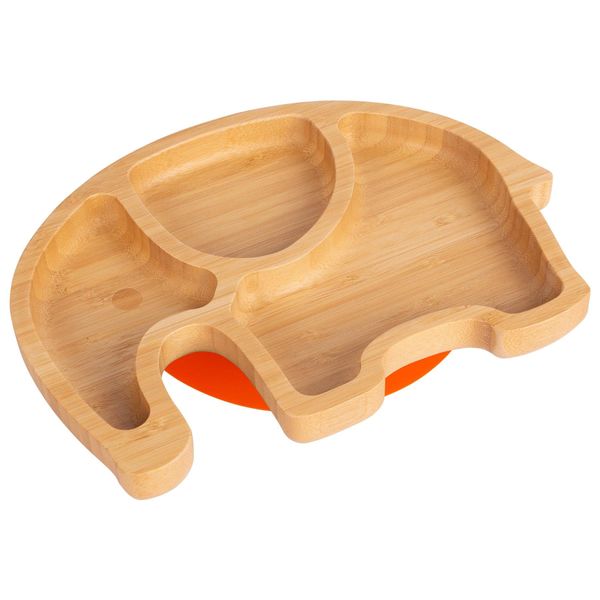 Tiny Dining Children's Elephant Bamboo Dinner Plate with Strong Stay Put Suction Cup - Great for Baby Toddler Weaning - Eco Friendly Kids Food Plates - Orange