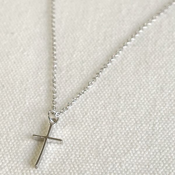 Minimal Skinny Cross Catholic Church Silver 925 Silver Necklace