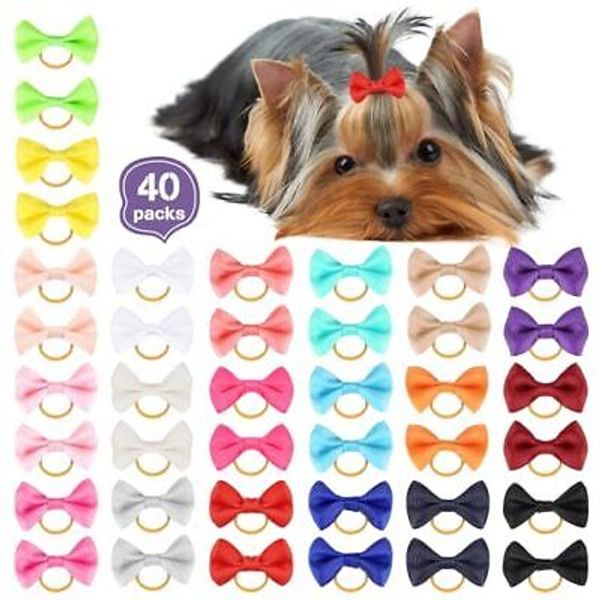 40 Pcs/20 Pairs Puppy Dog Hair Bow Ribbon with Rubber Band Pet Hair Bows