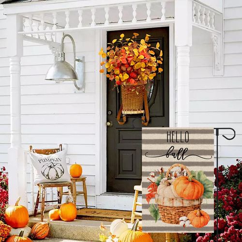 OPULANE Hello Fall Garden Flag 12x18 Inch Double Sided Autumn Pumpkin Maple Leaves Stripes Burlap Flag for Seasonal Holiday Outside Yard Outdoor Decorative Flag