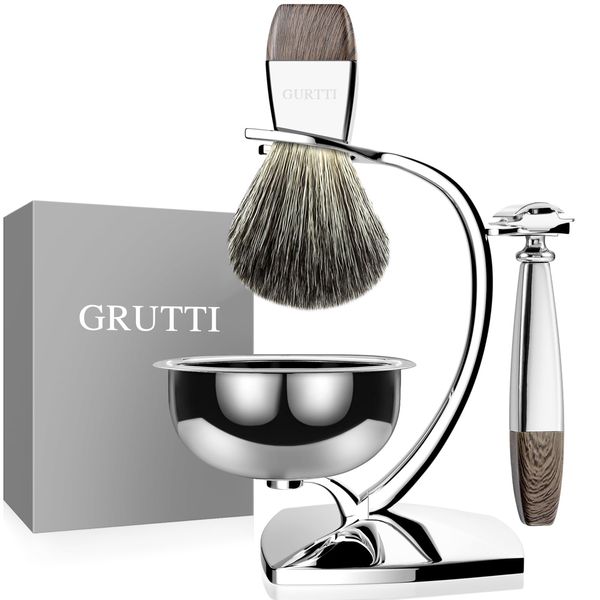 GRUTTI Shaving Set, Deluxe Chrome Razor and Brush Stand with Soap Bowl and Badger Hair Shaving Brush and Safety Razor (Double Edge & Badger Hair Version)