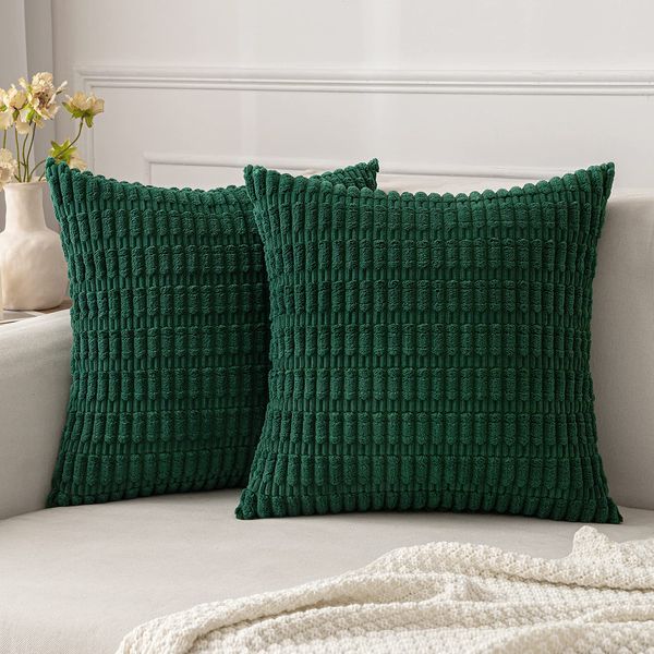 MIULEE Pack of 2 Dark Green Corduroy Decorative Throw Pillow Covers 18x18 Inch Soft Boho Striped Pillow Covers Modern Farmhouse Home Decor for Sofa Living Room Couch Bed