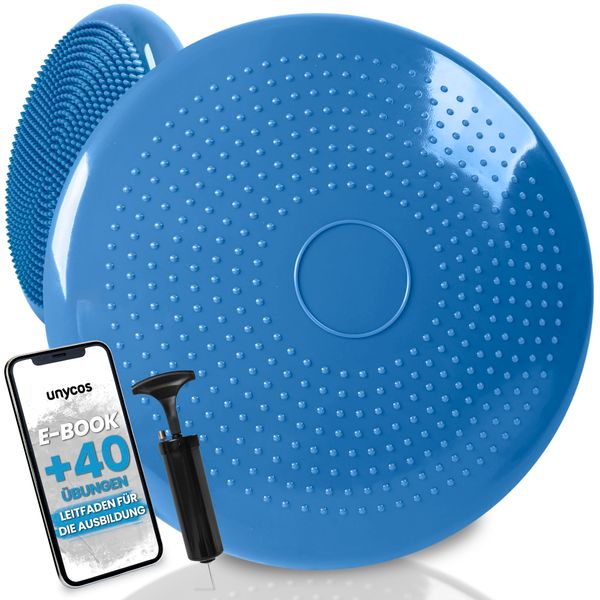 unycos - Ballsitzkissen 34 cm Inkl. Luftpumpe, Noppenkissen Aufblasbar, Luftkissen, Anti-Burst Sitzkissen Balance Pad, Rumpftraining, Fitness, Rücken, Koordination/Rehabilitation (Blau; Basic)