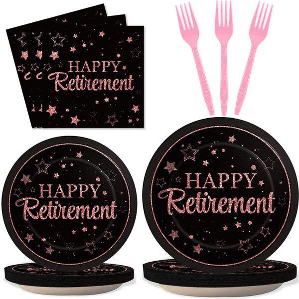 Wiooffen 96 Pcs Retirement Party Plates Napkins Tableware Set Rose Gold Happy Retirement Supplies Disposable Dinnerware Decoration Favors for Women, 24 Guests