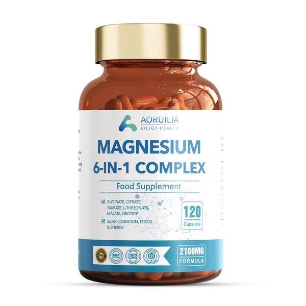 6 in 1 Magnesium Complex 2100mg Glycinate,Citrate,l Threonate,Malate,Taurate & Orotate Magnesium Supplements for Women Men High Absorption Bone, Heart, & Muscle Support | Non-GMO 120 Capsules