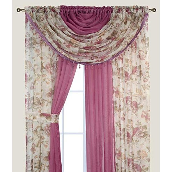 YHSF Laura Collection Complete Window Sheer Voile Curtain Panel Set with 4 Attached Panels 55” x 84" Valances with Beads and 2 Tiebacks - Easy Installation - Multicolor (Floral Rose Light Pink)