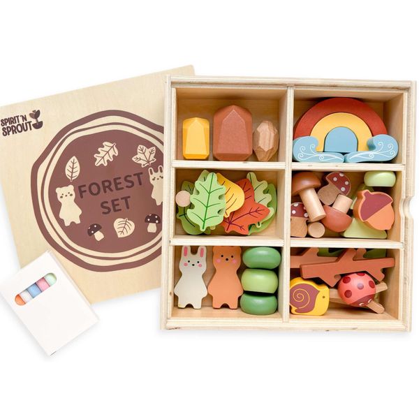 SpiritnSprout 38 pcs Wooden Forest Sensory Bin - Montessori Toys for 4 Year Old - Wooden Blocks for Toddlers 3-5 - Sensory Toys for Kids 5-7 - Preschool Learning Activities- Tinker Toys