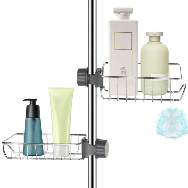 UHAPEER 2 Pack Shower Caddy No Drill, Rust-Free Shower Shelf Rack, Stainless Steel Bathroom Organizer, Shampoo Holder for Shower, Kitchen Sink Organizer Sponge Holder for 18-27mm Shower Riser Rail