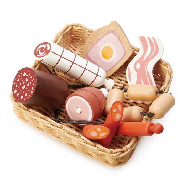 Tender Leaf Toys - Charcuterie Basket - 11 Pcs Solid Wood Cured Meats with Hand-Crafted Wicker Basket, Pretend Food Playset Supermarket Shopping Game Play Kitchen Farmer's Market Accessories - Age 3+