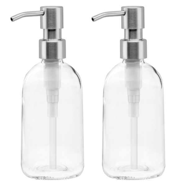 Grove Co. Gel Hand Soap Dispenser (13.5 Oz) 2 x Refillable Glass Bottles with Stainless Steel Pump, Reusable Liquid Soap Refill Set, Square Base, Reduce Plastic Waste Bundle