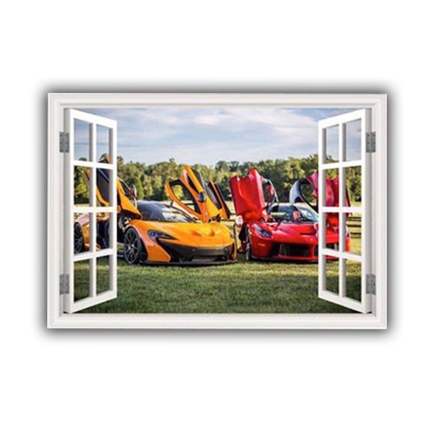 MySticky Sport Cars 3D Fake Window Wall Sticker, Removable Vinyl Decal Frame, Peel and Stick, Art Mural for Bedroom, Living Room and Kids Playroom (MYSW38-Medium)