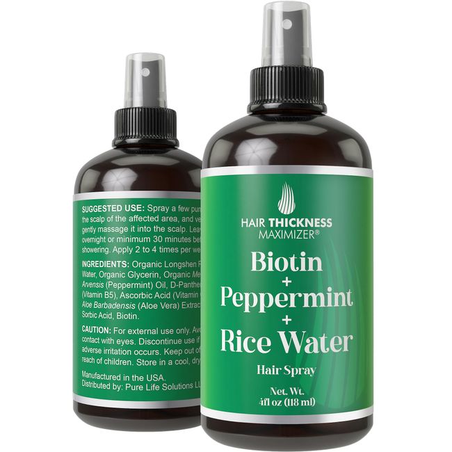 Biotin + Peppermint Oil + Rice Water Spray For Hair Growth. Vegan, Leave In Conditioner Serum Spray For Women, Men. Thickening, Moisturizing, Strengthening Scalp Treatment For Dry, Frizzy, Weak Hair