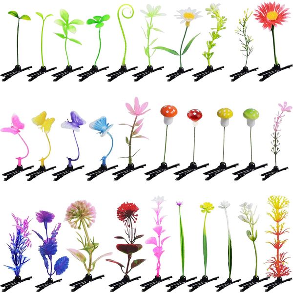 30 Pcs Bean Sprout Hair Clips, Feihuaer Mixed Style Plant Hairpins Flower Tree Hair Clip, Cute Little Grass Barrette Colorful Mushroom Butterfly Headwear Hair Accessories for Women Home Party Festival