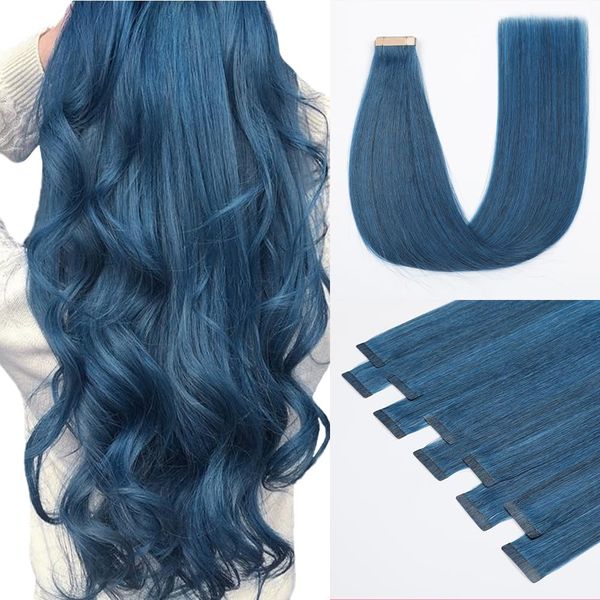 HotLulana Tape Extensions Echthaar Blue Skin Weft Extensions Echthaar 100% Colored Soft Natürliche Echthaar Extensions Tape Ins Gerade Invisible Tape Extensions 10stück 25g 20zoll/50cm.