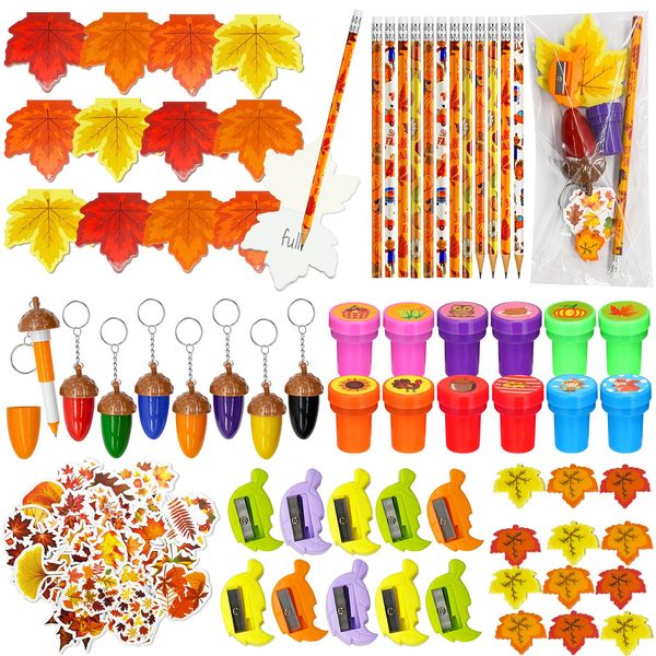 Cinrobiye 122 Pcs Fall Pumpkins Party Favors Maple Leaf Party Supplies Thanksgiving Day School Stationery Set Harvest Classrooms Reward Prizes Pencils Erasers Stickers Goodie Bag Fillers