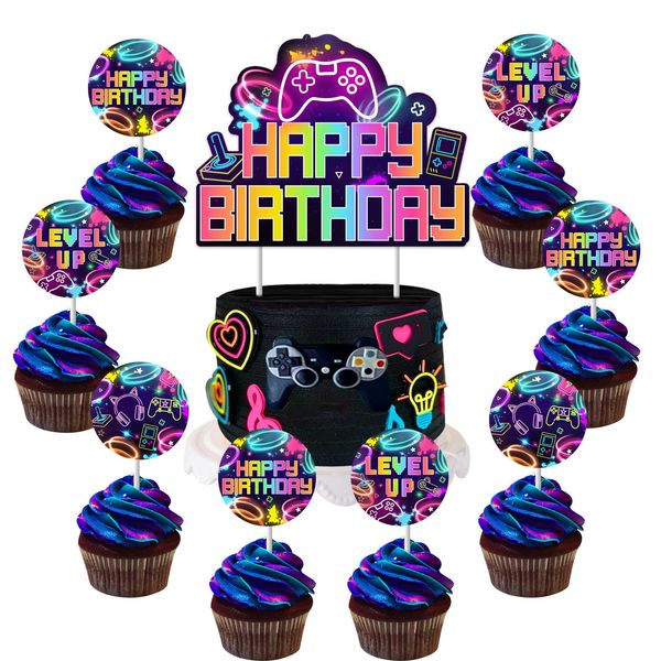 kreat4joy Video Game Cake Cupcake Toppers, Level Up Video Game Party Decorations Happy Birthday Cake Cupcake Toppers for Game Theme Kids Birthday Party Supplies