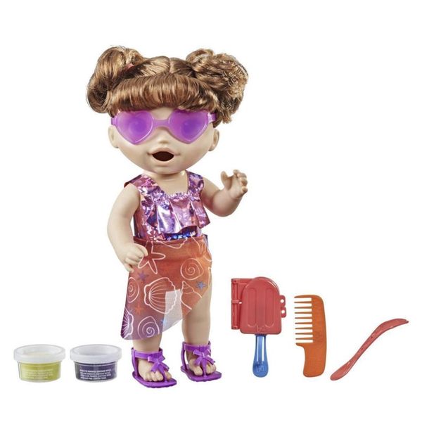 Baby Alive Sunshine Snacks Doll, Eats and Poops, Summer-Themed Waterplay Baby Doll, Ice Pop Mold, Toy for Kids Ages 3 and Up, Brown Hair