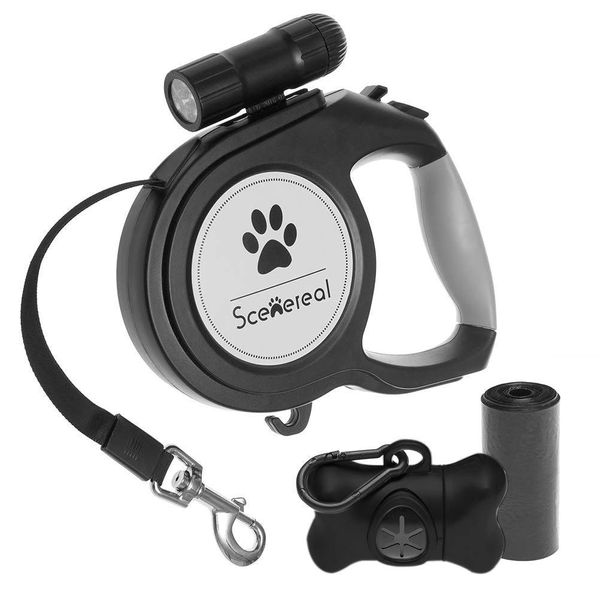 SCENEREAL Heavy Duty Retractable Dog Leash 26 FT with LED Flash Light & Poop Bag Dispenser for up to 110 LB Small Medium Large Dogs Outdoor Walking & Training