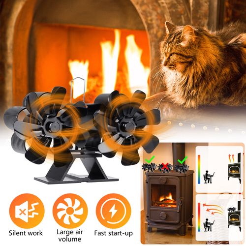 14-Blade Heat Activated Fireplace Fan for Wood Stove Burning Burner Dual Head US
