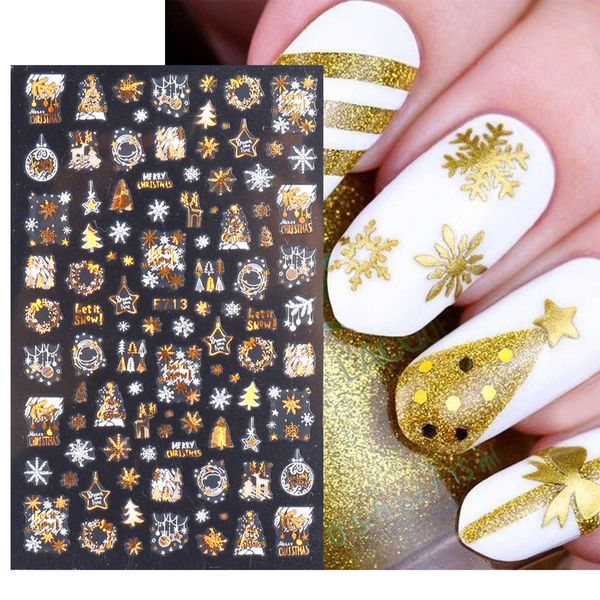 Adesivi Unghie Natale, 8 Fogli Arte Unghie Adesivi Autoadesivi, 3D Golden Argento Fiocchi di neve Renne Albero di Natale Manicure DIY Decorazione di Natale Nail Art Stickers