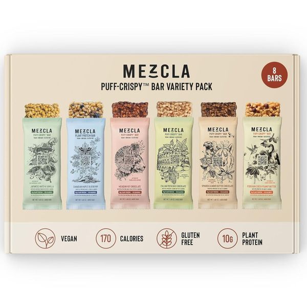 Mezcla Vegan Chocolate High Protein Bars, Gluten Free, Plant Based, Non GMO, No Dairy, 10g Protein, Healthy Snacks, 6 Flavor Variety Pack (8 Bars)