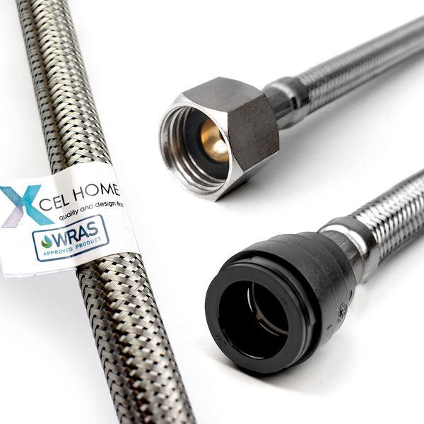 Xcel Home™ WRAS Approved PushFit Flexible Connector 15mm x 1/2" BSP (500mm Long) | 3 Lengths Available | Tap Connectors for Kitchen Sink/Bathroom Basin Stainless Steel Braided Flexi Tail | 1 Pipe