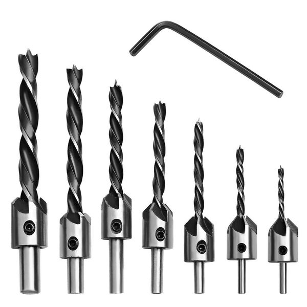 8 PCS Countersink Drill Bit Set, Woodworking Chamfer Counter Sinker Drill Bits 3-Pointed High Speed Steel Drill Bits with One L-Wrench for Wood Tools Sets Drilling Chamfer Punch