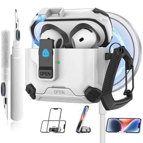 Meliya for AirPods 4 Case, Comes with Phone Holder and Magsafe Function, Automatic Pop-up Full Protection Hard Case with Secure Lock & Cleaner Kit & Keychain for AirPods 4 2024, White