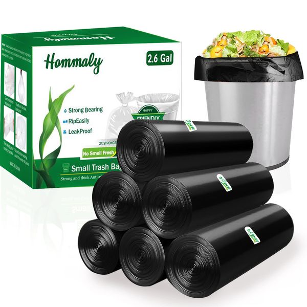 Hommaly 2.6 Gallon 240 pcs Small Black Trash Bags, Strong Garbage Bags, Bathroom Trash Can Bin Liners Unscented, Mini Plastic Bags for Office, Waste Basket Liner, Fit 6-10 Liters, 2-2.6 Gal