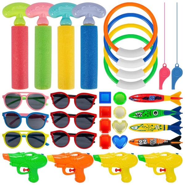 Pool Dive Toys Set - 32 Pcs Pool Diving Toys for Kids with Water Guns, Sunglasses, Whistle, and Dive Sticks - Treasure Toys for Pool Fun