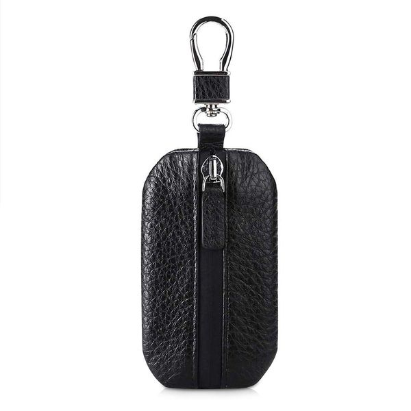 PORRASSO Car Key Case Genuine Leather Car Smart Key Chain Keychain Holder Metal Hook Portable Keyring Zipper Bag Waterproof for Remote Key Fob Home Key Case Dailylife Black