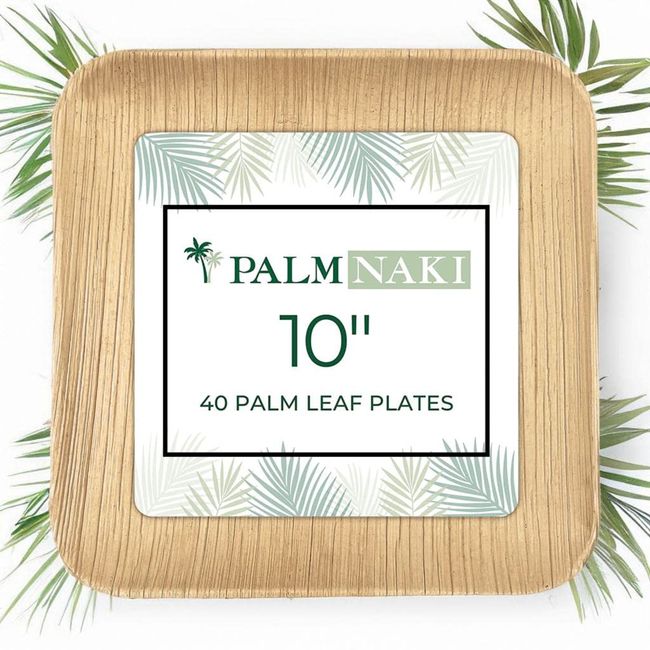 PALM NAKI Square Palm Leaf Plates (40 Count) - Disposable Dinnerware, Compostable and Biodegradable Plates (10" Plates)