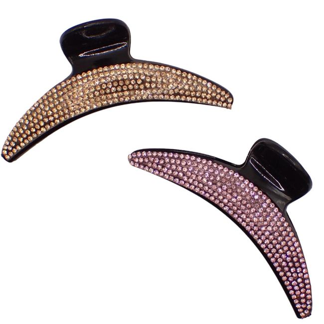 Topkids Accessories Set of 2, 11cm Curved Sparkly Hair Clip Claw for Women & Girls, Pretty Clips Thick Hair Accessory, Hairclips Clamps Claws for Hair, Fancy Clips for Hair (Bronze & Pink Diamantes)