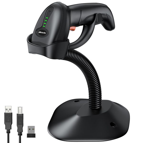 Bluetooth Wireless Barcode Scanner with Stand,Alacrity 3-in-1(Bluetooth & 2.4GHz Wireless & USB Wired) Bar Code Reader,1800mA*H Rechargeable Battery,Automatic Scanning,328Ft Range,16MB Storage Space