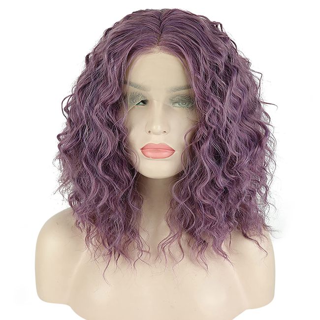 VOCOSTE Lace Front Wig Heat Resistant Medium Long Fluffy Curly Wave Girls Daily Synthetic Fiber Purple 35.5 cm