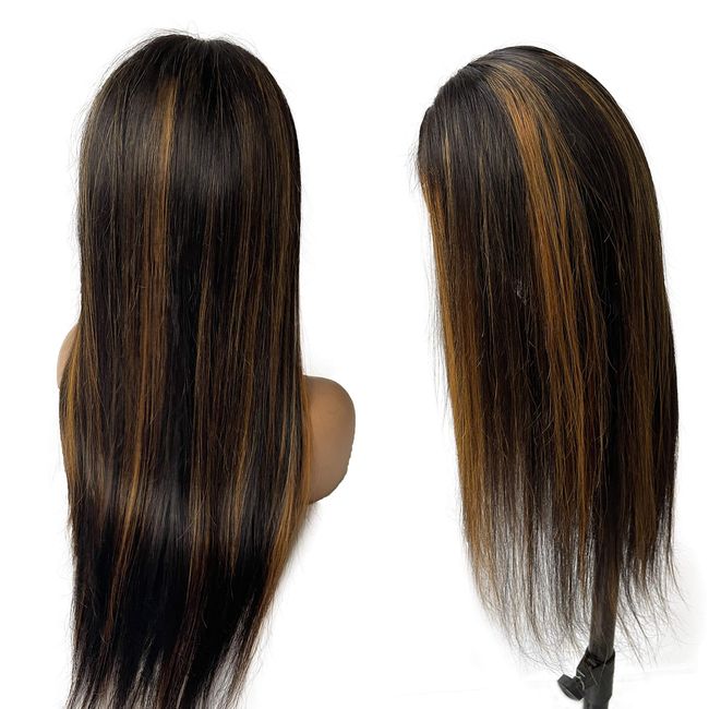 Ombre Highlights Straight Lace Front Human Hair Wig Natural Black to Auburn  Brown Colored Lace Wig Pre Plucked with Baby Hair 13x1x4 T Part Highlight