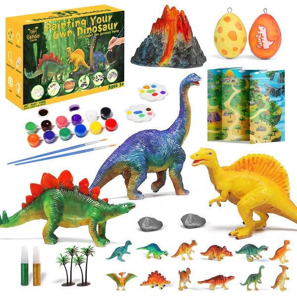 Lehoo Castle Kids Painting Set, Dinosaur Painting Kit, Paint Your Own Dinosaurs Crafts for Kids, 3D Dinasour Gift with Dinosaur Egg, 12 Color Watercolor Paint, Kids Arts and Crafts Sets