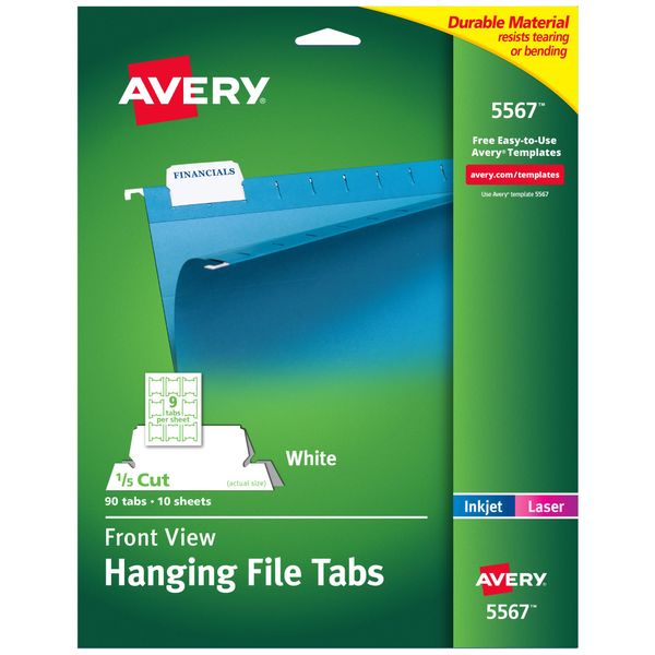 Avery Printable Hanging File Folder Tabs, 1/5 Cut, White, 90 Total (5567)