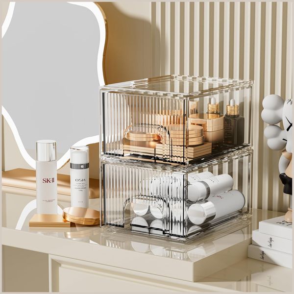 ZHIAI Makeup Organizer, Stackable Bathroom Organizers and Storage, Clear Cosmetic Storage Box For Vanity, Skincare, Kitchen Cabinets, Pantry Organization 2 Pack