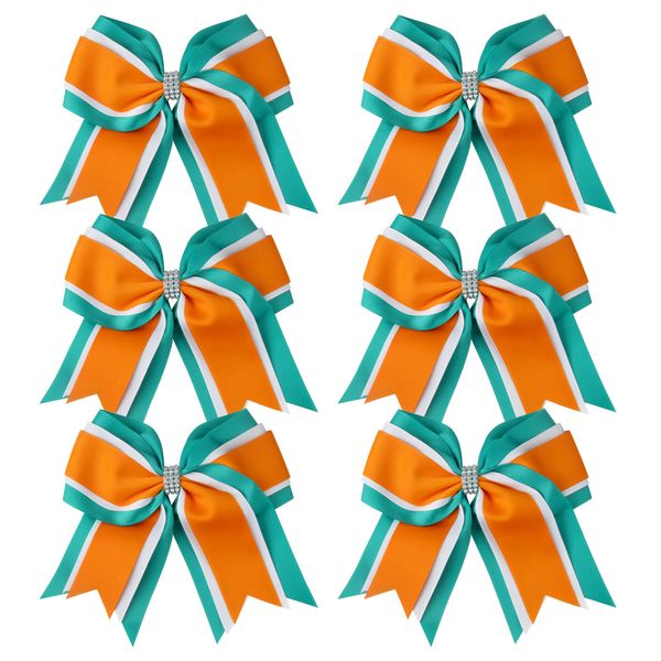 8 Inch 3 Colors 3 Layers 6 Pcs Cheerleader Bows Jumbo Cheerleading Bows Hair Elastic Hair Tie Cheerleader Bows for High School College (Teal/White/Orange)