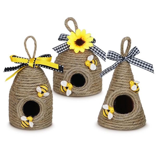 Bee Hive Decor,3 Pack Bumble Bee Rustic Decor Hive,Natural Bee House, Bumble Bee Theme Party Decor Spring Summer Rustic Farmhouse Kitchecn Table Tiered Tray Decor