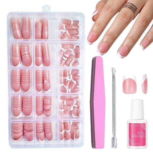 Short French Press On Nails - 240Pcs Pink Square False French Nails - Fake Nails White Tip French False Nail Kit - Full Cover Stick on Nails French Nail Art Manicure Decorations