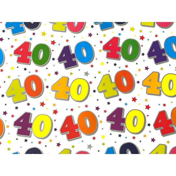 40th Birthday Wrapping Paper, 2 Sheets and 1 Matching Tag (White)