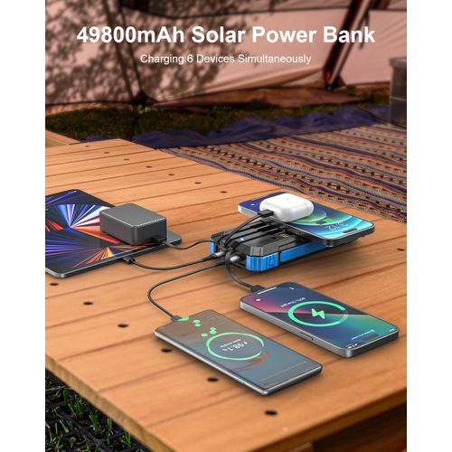 Solar Charger Power Bank, 49800mAh Wireless Portable Phone Charger, 15W QC3.0 Fast Charging External Battery Pack with 4 Built-in Cables, USB-C in/Output, with Dual Flashlights for Outdoor (Blue)