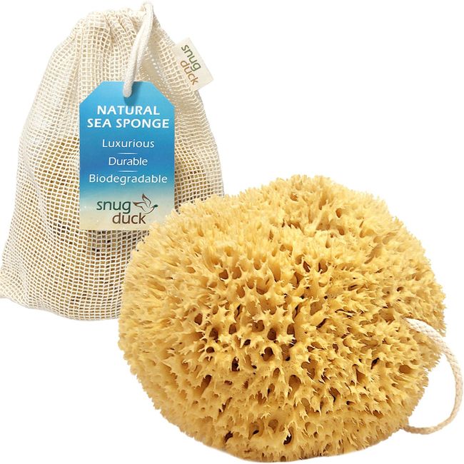 Snug Duck Mediterranean Natural Sea Sponge in Organza Gift Bag - 100% Organic, Unbleached Honeycomb, Hypoallergenic, Strong, Durable - Children & Adults - Bath, Shower, Exfoliating, Pets