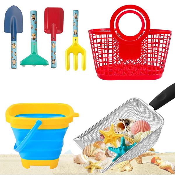 Lhovujo Beach Shovel Metal with Jelly Beach Bag，Sand Digging Toy Set,Beach Sand Bucket Toy，Shell Collecting, Filter Sand Scooper Sand Sifter Sieves Toys Set for Picking Up Shells (Red Basket)