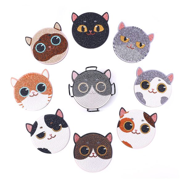 8 Pcs Diamond Art Cat Coaster Kit Bead Art Diamond Art Set DIY Diamond Painting 5D Diamond Painting Kit with Holder Coaster Craft Kit for Beginners, Adults and Kids, Popular Handmade Arts and Crafts Supplies