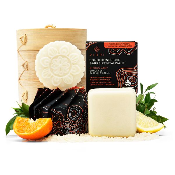 Viori Citrus Yao Shampoo and Conditioner Bar Set and Bamboo Holder - Made with Rice Water for Hair Growth - Handcrafted Sulfate Free Shampoo and Conditioner